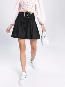 glitchez Smocked Lace Trim Flared Mini Skirt