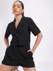 glitchez Notched Lapel Collar Crop Shirt with Shorts