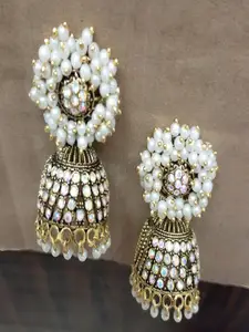 JMBW INTERNATIONAL Gold Plated Artificial Stones Studded & Beaded Dome Shaped Jhumkas