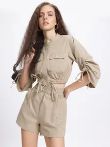 glitchez Military-Style Tie-Up Detail Crop Shirt with Shorts