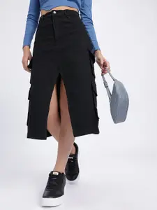 glitchez Front-Slit Cargo Denim Midi Skirt