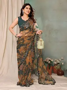 Anouk Floral Printed Mirror Work Organza Saree