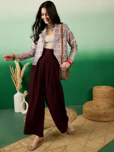 Sangria Printed Front Open Blazer