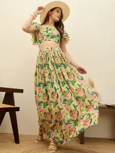 SASSAFRAS Floral Printed Crop Top With Maxi Skirt Co-Ords