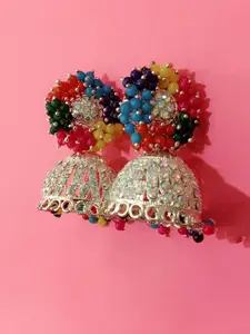 JMBW INTERNATIONAL Gold Plated Artificial Stones Studded & Beaded Dome Shaped Jhumkas