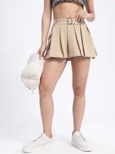 glitchez Pleated Belted Mini Flared Skirt