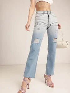 glitchez Women Straight Fit Highly Distressed Light Fade Jeans