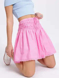 glitchez Smocked Lace Trim Flared Skirt
