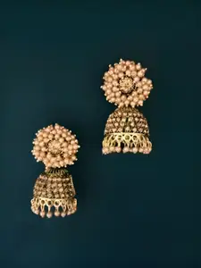 JMBW INTERNATIONAL Gold Plated Artificial Stones Studded & Beaded Dome Shaped Jhumkas
