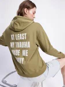 glitchez Typography Printed Cotton Terry Hooded Oversized Sweatshirt