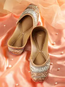 House of Pataudi Women Sequin Embellished Leather Mojaris