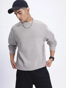 glitchez Washed Effect Drop-Shoulder Sleeves Fleece Oversized Sweatshirt