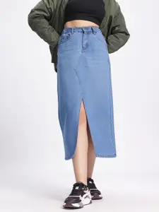 glitchez Front Slit Denim Straight Midi Skirt