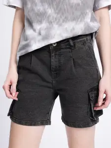 glitchez Women Pleated Cargo Style Denim Shorts