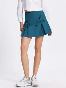 glitchez Knots Pleated Detail Cotton-Linen Mini A-Line Skirt