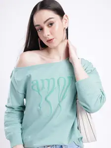 glitchez Typography Printed Cotton Terry Slant Shoulder Relaxed Fit Sweatshirt