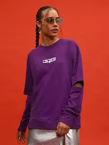 glitchez Solid Typography Printed Oversized Sweatshirt