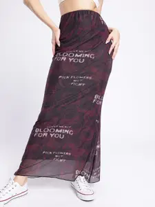 glitchez Floral Typography Printed Maxi Pencil Skirt