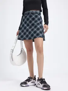 glitchez Tartan Talkies Mid-Rise Pure Cotton Straight Mini Skirt with Belt