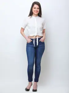 Moda Rapido Band Collar Short Sleeves Cotton Crop Shirt