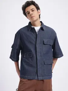 glitchez Denim Spread Collar Chambray Jacket