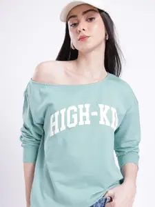 glitchez Typography Printed Cotton Terry Slant Shoulder Relaxed Fit Sweatshirt