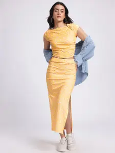 glitchez Floral Finesse Ruched Slit Hem Skirt Co-Ords