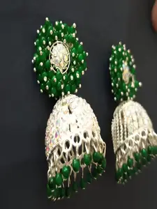 JMBW INTERNATIONAL Gold Plated Artificial Stones Studded & Beaded Dome Shaped Jhumkas