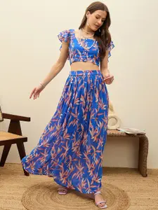 SASSAFRAS Floral Printed Crop Top With Skirt Co-Ords