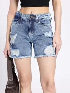 glitchez Women Faded Distressed & Frayed Denim Shorts