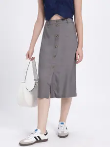 glitchez Mock Buttons Midi Straight Skirt with Front Slit