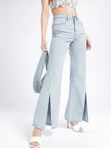 glitchez Women Slit Hem Flared High-Rise Light Fade Jeans