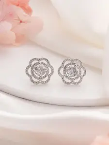Jazz and Sizzle Silver Rhodium-Plated American Diamond Studded Floral Studs
