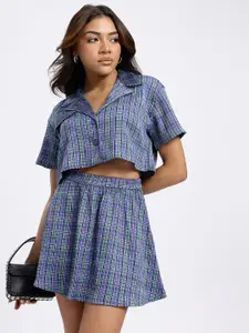 glitchez Tartans Cuban Collar Crop Shirt with Mini A-Line Skirt