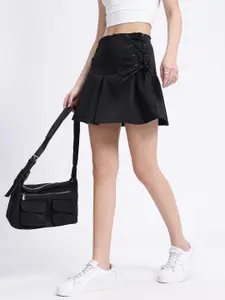 glitchez Lace-Up Pleated Mini Flared Skirt