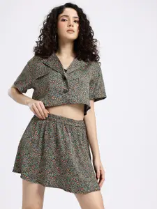 glitchez Cuban Collar Crop Shirt with Mini A-Line Skirt