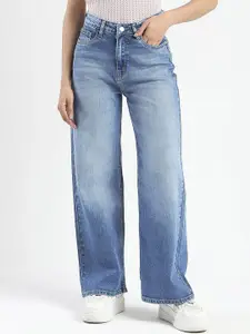 Madame Women Wide Leg Mid-Rise Low Distress Heavy Fade Jeans