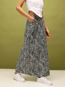 glitchez Panther Printed Back Slit Maxi Skirt