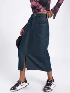 glitchez Front Slit Midi Denim Skirt