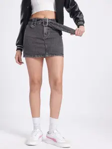 glitchez Denim Straight Belted Mini Skirt
