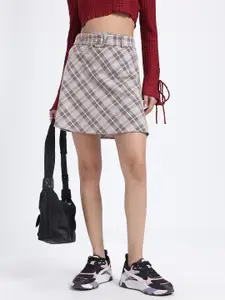 glitchez Tartan Checks Mid-Rise Pure Cotton Straight Mini Skirt with Belt