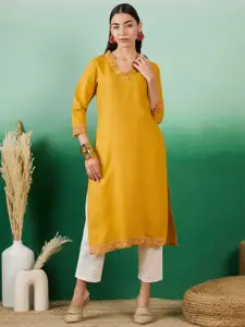 Sangria Floral Embroidered V-Neck Straight Kurta