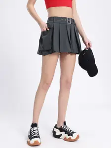 glitchez Box Pleats Belted Mini Flared Skirt