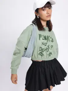 glitchez Typography Printed Oversized Boxy Fit Crop Sweatshirt
