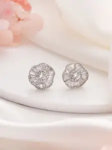 Jazz and Sizzle Silver Plated Diamond Studded Floral Studs Earrings