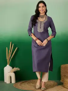 Sangria Embroidered Cotton Straight Kurta