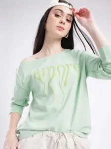 glitchez Typography Printed Cotton Terry Slant Shoulder Relaxed Fit Sweatshirt