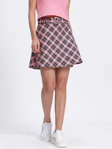 glitchez Checkered Belted Flared Mini Skirt