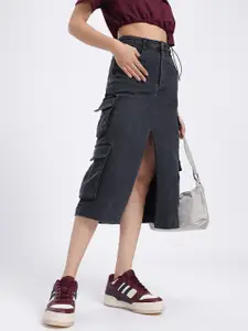 glitchez Front Slit Cargo Denim Midi Skirt