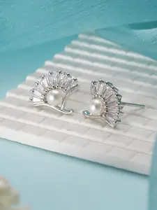 Jazz and Sizzle Rhodium-Plated American Diamond Studded Pearls Beaded Contemporary Studs